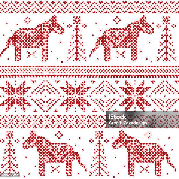 Christmas Pattern With Stars Snowflakes Danish Dala Horses Stock Illustration - Download Image Now