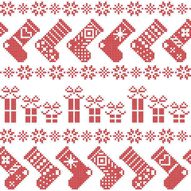 Scandinavian Nordic Christmas pattern with stockings, stars, snowflakes Scandinavian Nordic Christmas pattern with stockings, stars, snowflakes, presents in cross stitch in red on white background  christmas stocking background stock illustrations