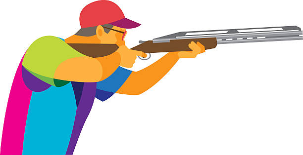 ilustraciones, imágenes clip art, dibujos animados e iconos de stock de clay pigeon shooting. joven atleta - skeet shooting shooting clay target shooting