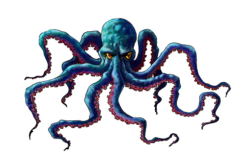 Illustration of octopus, isolated figure of an octopus, a large sea monster on a white background