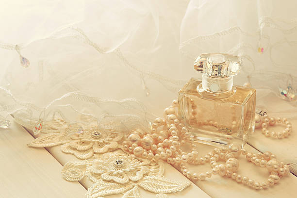 istock White pearls necklace and perfume bottle 595758584