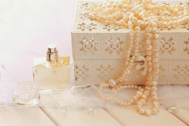 istock White pearls necklace and perfume bottle 595758618