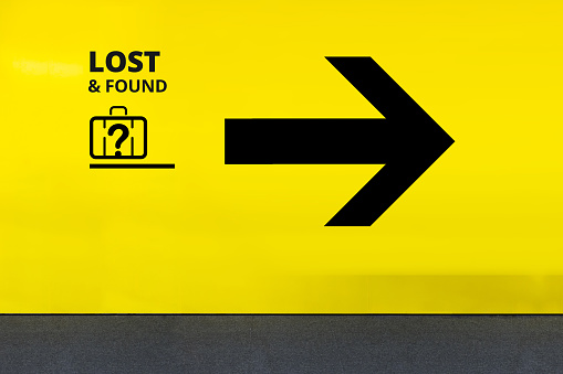 Airport Sign With Lost Found Luggage Icon and Arrow