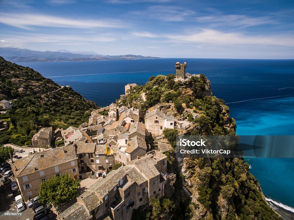 Nonza, Corsica, France, Europe Aerial view of the beautiful village and castle of Nonza, in Cap Corse, Corsica, France Corsica Stock Photo