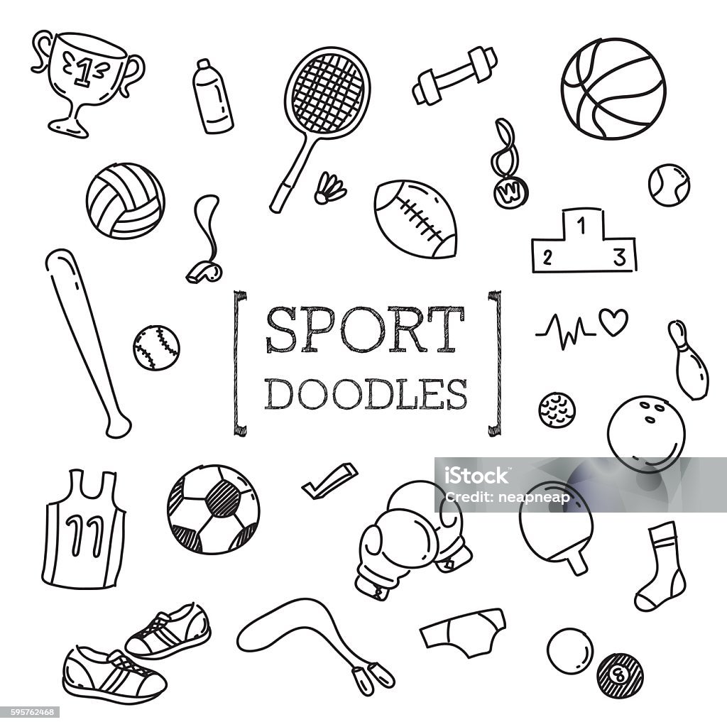 Sport doodles set A lot of cute sport objects Sport stock vector