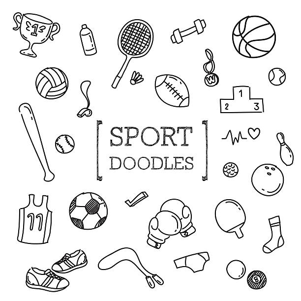 Sport doodles set A lot of cute sport objects heart shaped basketball stock illustrations