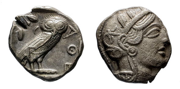 Tetradrachm of Athens IV century BC Front: head of Pallas Athena Reverse: Owl and legend ATHE