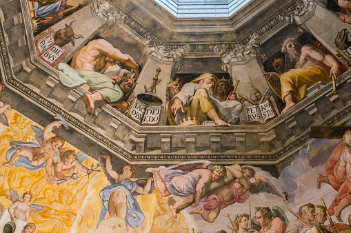 Florence, Italy - May 4, 2016: The Last Judgement by Giorgio Vasari and Federico Zuccari, detail from the cupola of the Duomo, Florence, Italy