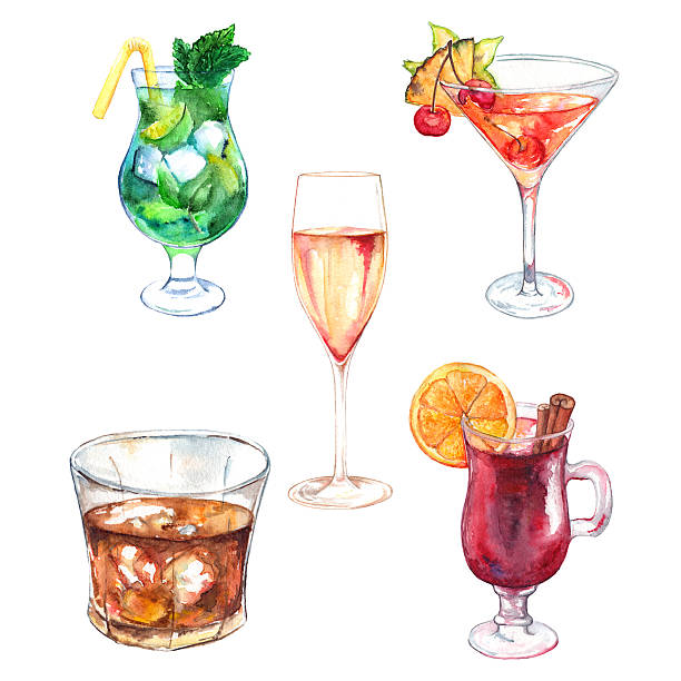 ilustrações, clipart, desenhos animados e ícones de aquarela drinque exótico conjunto isolada de álcool coquetel - food illustration and painting painted image mint