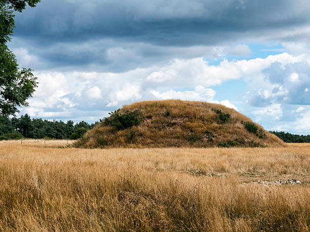 Sutton Hoo burial mound Sutton Hoo, Suffolk, England - August 21, 2016: A large burial mound at Sutton Hoo in Suffolk, eastern England, with a lively cloudscape. Sutton Hoo contains several Anglo-Saxon burial mounds, some larger than others, set in heathland overlooking the River Deben and the town of Woodbridge. The burial ground dates back to the 6th Century AD. anglo saxon photos stock pictures, royalty-free photos & images
