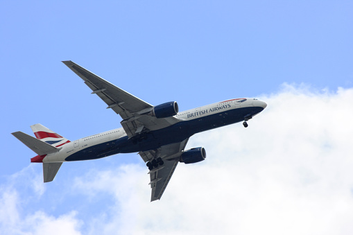 London, England - May 19 2007: Boeing 777 from British Airways heading to London City Airport.