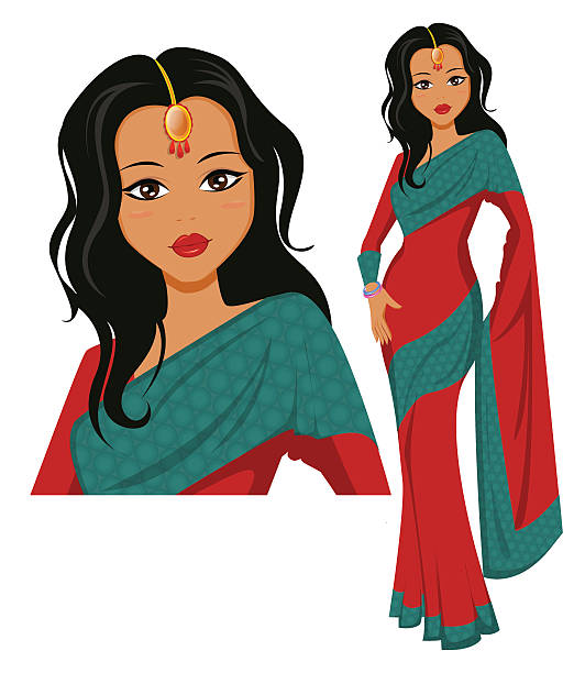 illustrazioni stock, clip art, cartoni animati e icone di tendenza di carina donna indiana che indossa una bellissima saree. illustrazione vettoriale. eps10 - saree