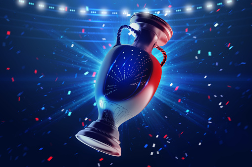 Football Competition Concept Argentinian and French Flag Colors with a Championship Cup and Confetti. 3d Render