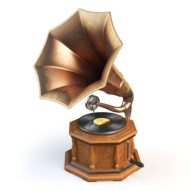 vintage gramophone isolated on white. - gramophone imagens e fotografias de stock