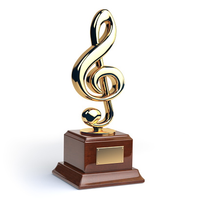 Gold treble clef s trophy isolated on white. Music award concept. 3d illustration