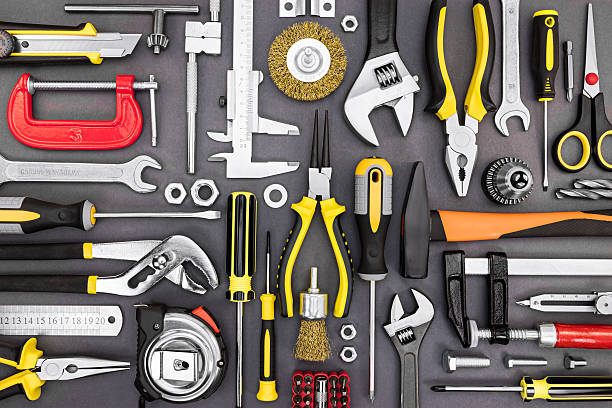 istock tool set of pliers, wrenches, hammer, clamps, screwdrivers on grey 596042636