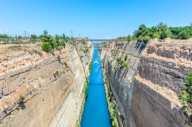 Corinth Canal, Greece. The Corinth Canal is a sluiceless shipping canal in Greece, connecting the Saronic Gulf of the Aegean and the Gulf of Corinth of the Ionian Sea