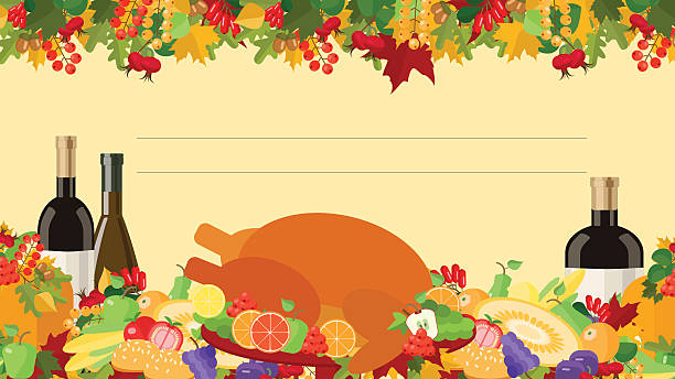 illustrazioni stock, clip art, cartoni animati e icone di tendenza di giorno del ringraziamento, biglietto di auguri, tavolo decorato, cibo, vettore - thanksgiving plum autumn apple