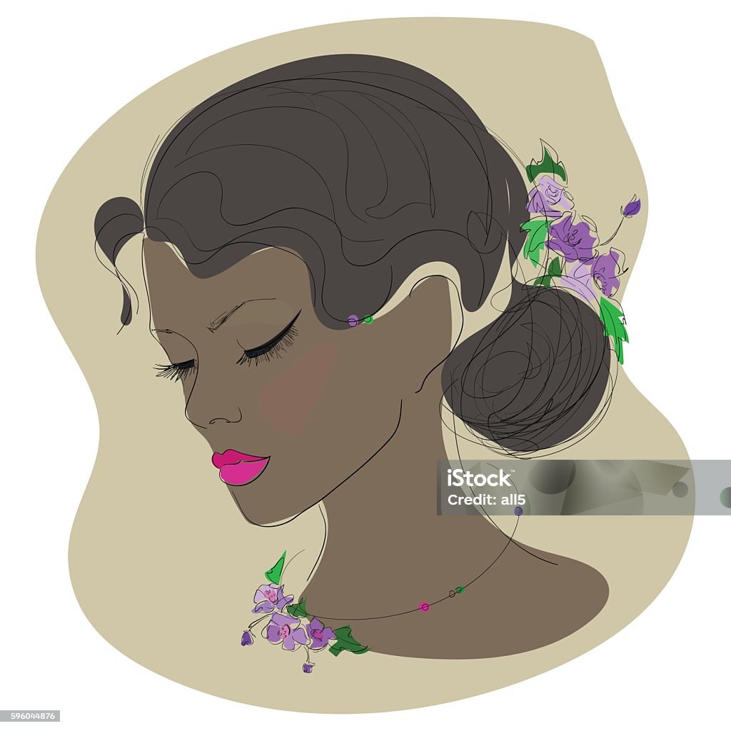 sketch , face of a beautiful girl with decoration of flowers Adult stock vector