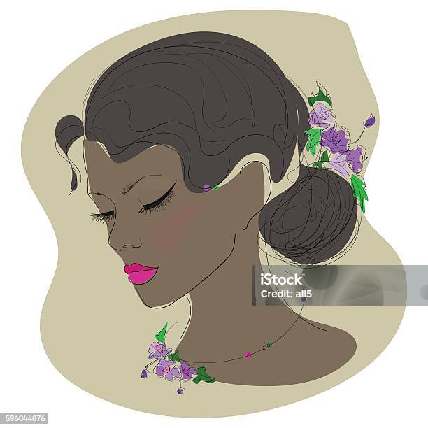 Sketch Face Of A Beautiful Girl With Decoration Of Flowers Stock Illustration - Download Image Now