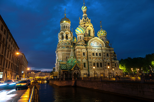 Church of the Savior on Spilled Blood St Petersburg,Multiple domed , built between 1883 and 1907, St Petersburg, Russia, at night. ,Nikon D3x