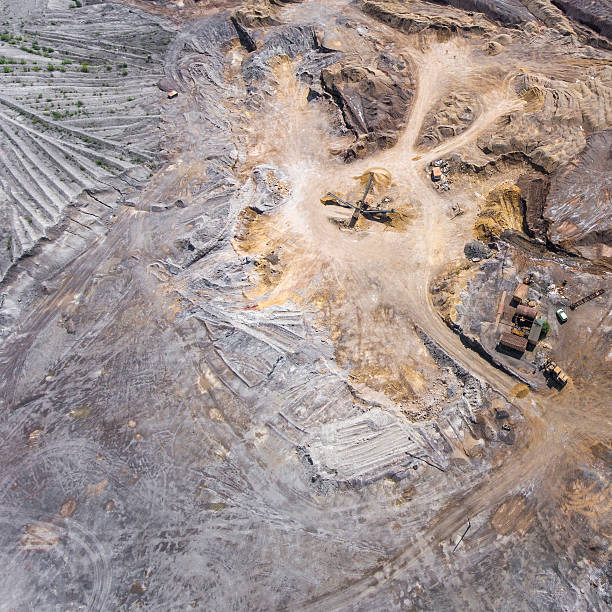 istock Aerial view over the building materials processing factory. 596046448