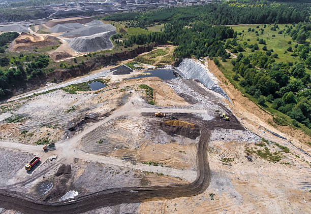 istock Aerial view over the building materials processing factory. 596046582