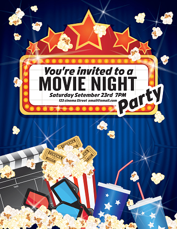 Movie Night vertical Party Invitation Template With Curtain and movie elemnts.  The poster invite has a container filled with popcorn a fountain pop with straw. The movie party invitation text is in the middle.