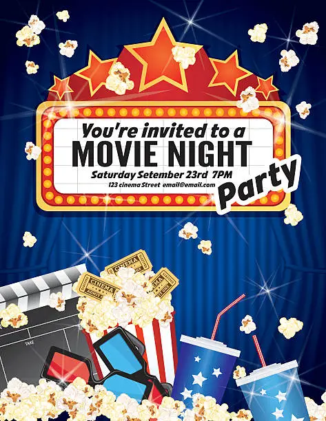 Vector illustration of Movie Night Party Invitation Template With Curtain and Film