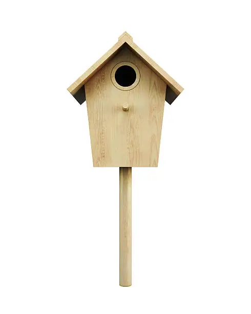Wooden bird house on a pole isolated on a white background. Front view. 3d rendering.