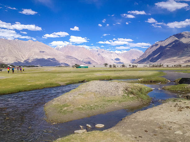 пейзаж с рекой в долине нубра, ладакх, индия - gompa стоковые фото и изображения