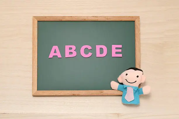 Photo of Alphabet letters ABCDE and man doll on blackboard.