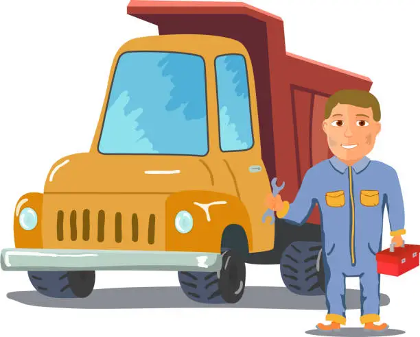 Vector illustration of Cartoon mechanic with Truck on white background. Vector