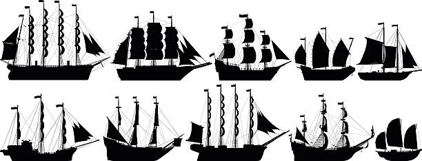 매우 상세한 오래된 선박 - sailing ship nautical vessel military ship brigantine stock illustrations