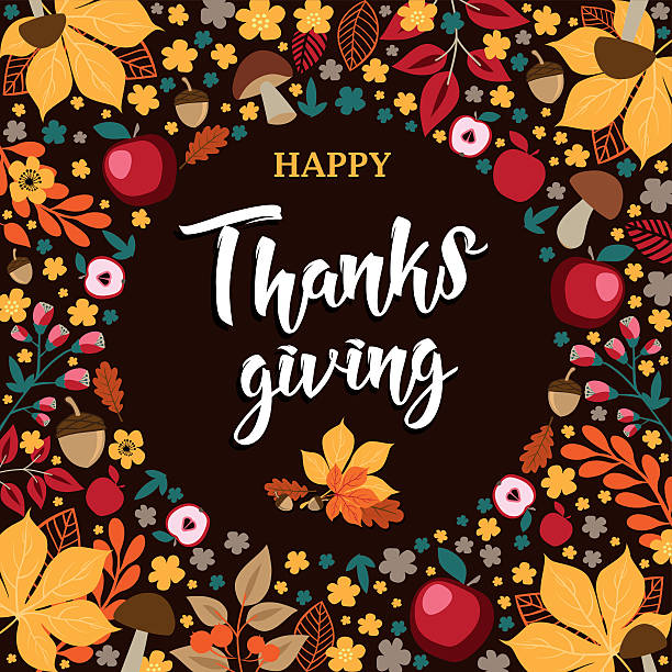 ilustrações de stock, clip art, desenhos animados e ícones de happy thanksgiving - autumn background with leaves, mushrooms and apples - tree single word green fruit