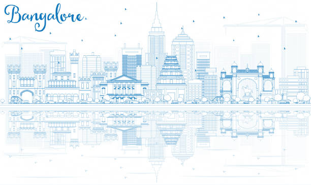 ilustrações de stock, clip art, desenhos animados e ícones de outline bangalore skyline with blue buildings and reflections. - india bangalore contemporary skyline