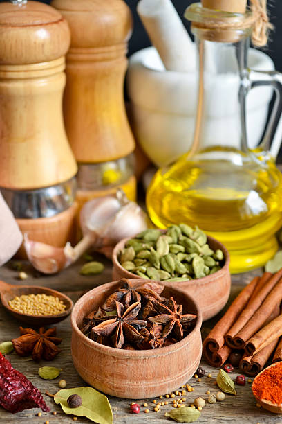 istock variety, spicy spices on a wooden background 596070058