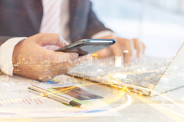 istock Double exposure of successful businessman. 596073684