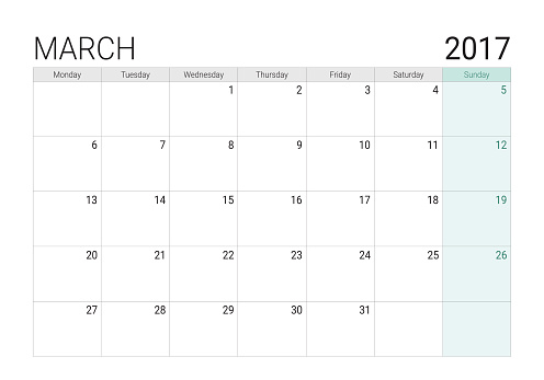 2017 March calendar (or desk planner), week start on Monday