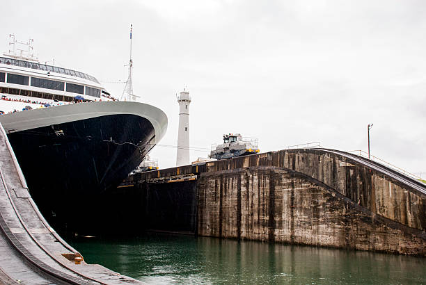 Panama Canal with locks connecting Atlantic and Pacific for global commerce shipments navigation .