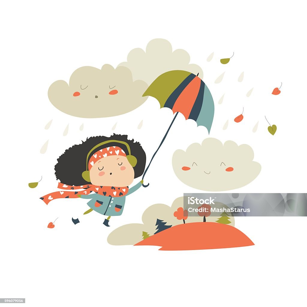 Girl flying with umbrella Girl with umbrella playing with the fall leaves and rain. Vector illustration Child stock vector