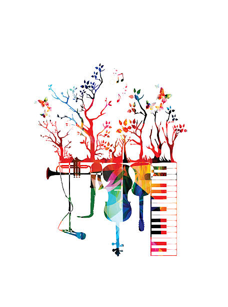 ilustraciones, imágenes clip art, dibujos animados e iconos de stock de ilustración vectorial del concepto de música creativa - musical instrument violin sheet music music