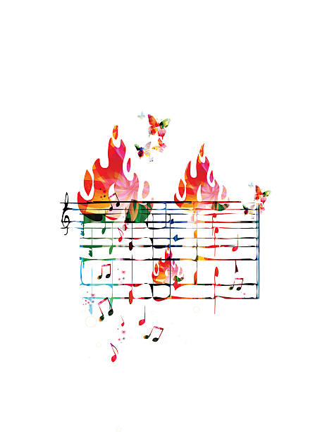 ilustrações de stock, clip art, desenhos animados e ícones de creative music concept vector illustration, colorful music stave with notes - treble clef music fire musical symbol