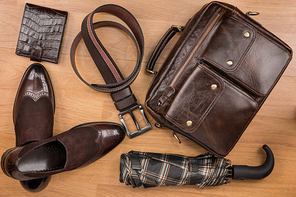 classic brown shoes, briefcase, belt and umbrella - belt personal accessory leather fashion imagens e fotografias de stock