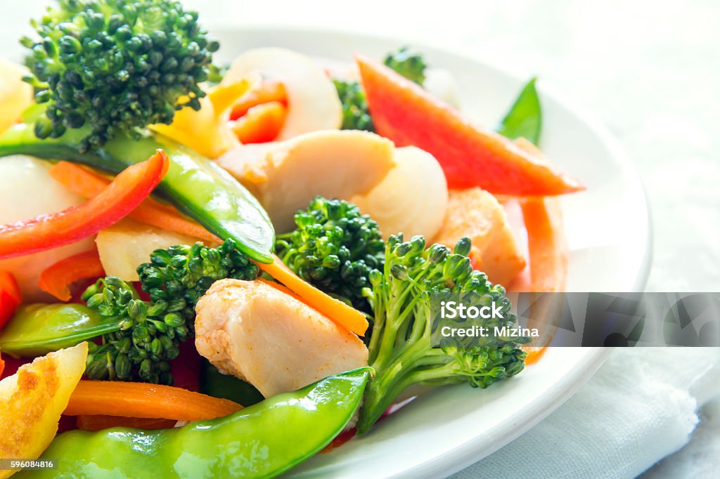 stir fry with chicken Healthy stir fried vegetables with chicken on white plate close up Stir-Fried Stock Photo