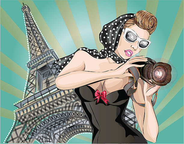 Pin-up sexy woman takes pictures near Eiffel Tower, Paris Pin-up sexy woman in black dress takes pictures on camera near Eiffel Tower in Paris. Pop Art vector illustration fine art portrait pin up girl glamour beauty stock illustrations
