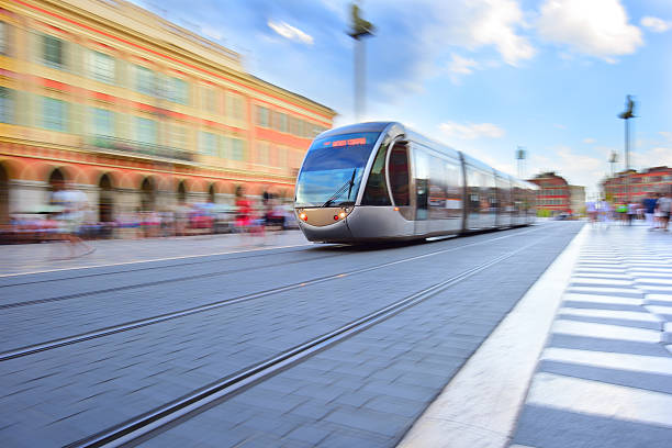 tram, panning, motion and zoom blurred in nice - blurred motion city life train europe imagens e fotografias de stock