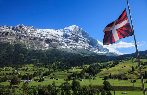 swiss flag and mountains