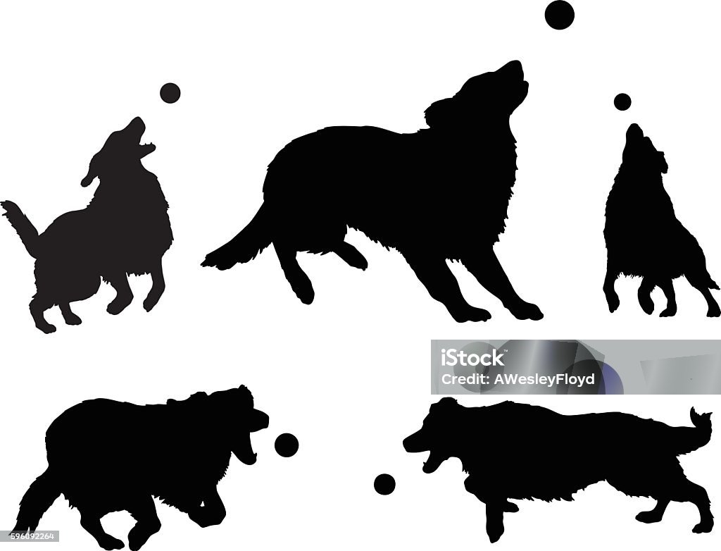 Dogs Playing With Ball Dogs Playing With Ball is an illustration of five dogs or Golden Retrievers in silhouette jumping for and playing with a ball. Golden Retriever stock vector