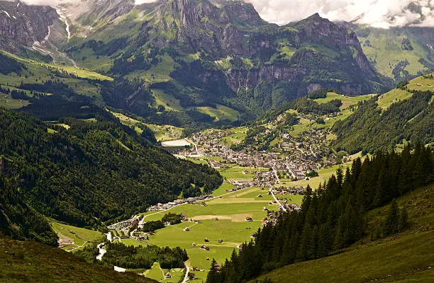 The Swiss village of Engelberg viewed from a mountaintop